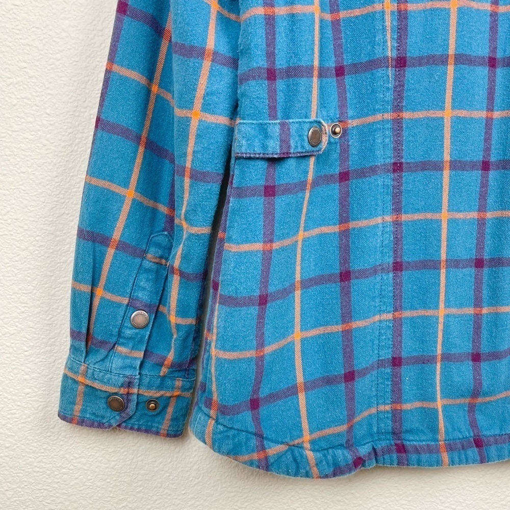 Duluth Women's Large Free Swingin' Lined Flannel Shirt Jacket Shacket Plaid Blue - Picture 9 of 16